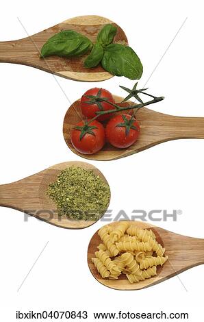 "Wooden spoons with basil, tomatoes, herbs and pasta" View Large Photo Image Stock Image - "Wooden spoons with basil, tomatoes, herbs and pasta". Fotosearch