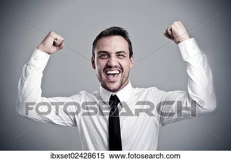 Stock Photography - "Young man wearing a shirt and a tie cheering, laughing, success, victory pose". Fotosearch