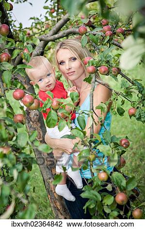 Stock Image - Young mother with a toddler in an apple garden. Fotosearch