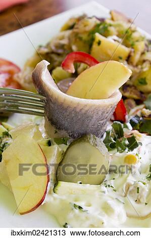 "Young salted herring with yoghurt dressing, fruit and potatoes" View Large Photo Image Stock Image - "Young salted herring with yoghurt dressing, fruit and potatoes". Fotosearch