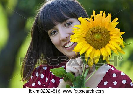 "Young woman, 25, holding a sunflower in front of her face" View Large Photo Image Stock Photograph - "Young woman, 25, holding a sunflower in front of her face". Fotosearch