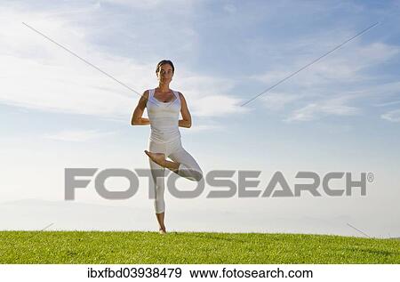 "Young woman practising Hatha yoga, here the pose vrikshasana, tree" View Large Photo Image Stock Photo - "Young woman practising Hatha yoga, here the pose vrikshasana, tree". Fotosearch