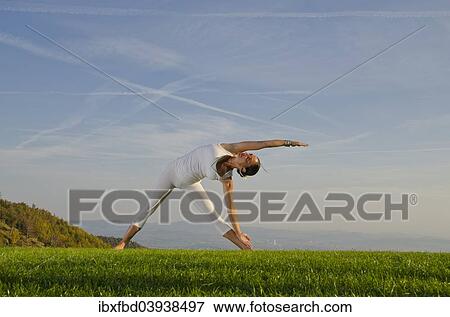 "Young woman practising Hatha yoga, here the pose trikonasana, triangle" View Large Photo Image Stock Photo - "Young woman practising Hatha yoga, here the pose trikonasana, triangle". Fotosearch