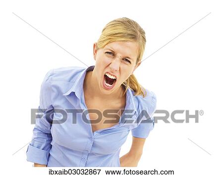 "Young woman screaming, aggressive" View Large Photo Image Stock Photo - "Young woman screaming, aggressive". Fotosearch