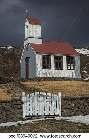 Stock Image - "Ytri-Rauoamelur Church, Gerouberg, Snaefellsness Peninsula, Vesturland, Iceland, Europe". Fotosearch