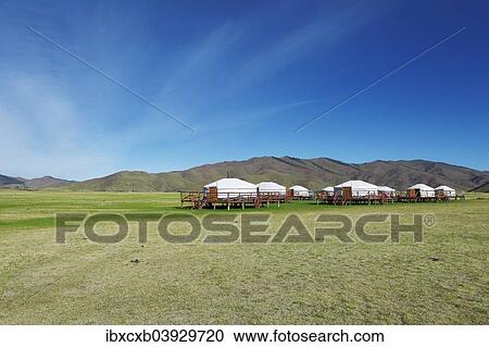 Stock Image - "Yurt camp on wheels, Hustai National Park, also Khustain Nuruu National Park, Southern Steppe, Ovorkhangai Province, Mongolia, Asia". Fotosearch