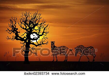 "Zebras, sunset, illustration" View Large Photo Image Picture - "Zebras, sunset, illustration". Fotosearch