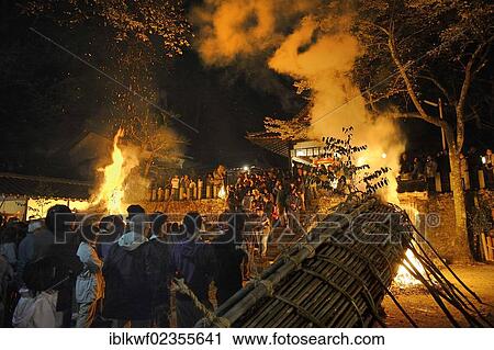 "12 meters large bamboo torches are lit at the Shinto shrine at the Autumn Matsuri, religious festival, Iwakura in Kyoto, Japan, Asia" View Large Photo Image Stock Image - "12 meters large bamboo torches are lit at the Shinto shrine at the Autumn Matsuri, religious festival, Iwakura in Kyoto, Japan, Asia". Fotosearch