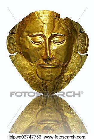 Stock Photograph - "16th century BC gold death mask known as the """"Mask of Agamemnon"""" from Grave V, Grave Circle A, Mycenae, Cat. No. 624 Athens Archaeological Museum, Athens, Greece, Europe". Fotosearch