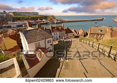 Stock Image - "199 steps overlooking Whitby harbour, North Yorkshire, England, United Kingdom, Europe". Fotosearch