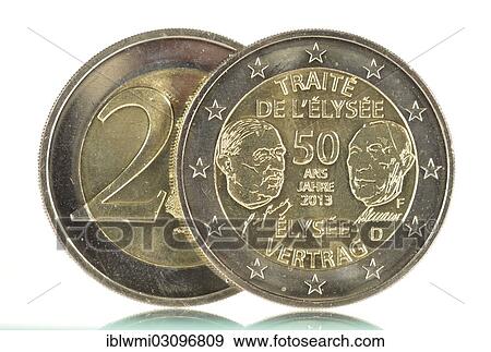 "2013 commemorative coin, 50 years of the Elysee Treaty, Adenauer and De Gaulle, Stuttgart Mint F, front and rear, 2-euro coin" View Large Photo Image Stock Photo - "2013 commemorative coin, 50 years of the Elysee Treaty, Adenauer and De Gaulle, Stuttgart Mint F, front and rear, 2-euro coin". Fotosearch