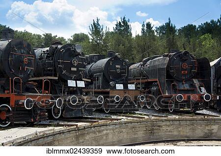 Stock Photo - "4 locomotives standing in front of the turntable, Camlik Railway Museum, Camlik, Turkey, Asia". Fotosearch