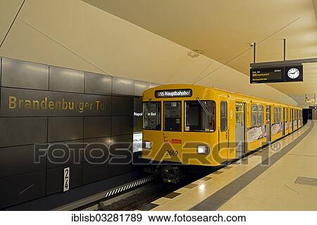 Stock Photo - "A Berlin underground train stopping at Brandenburg Gate station, Berlin, Berlin, Berlin, Germany, Europe". Fotosearch