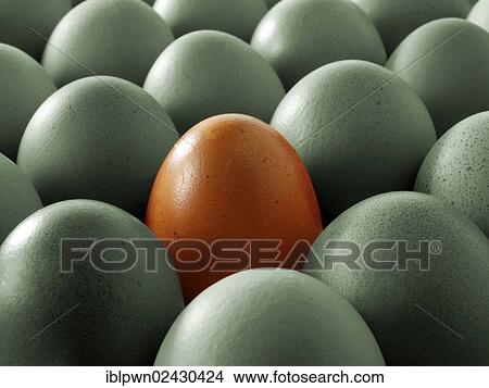 Picture - A brown egg among green eggs. Fotosearch