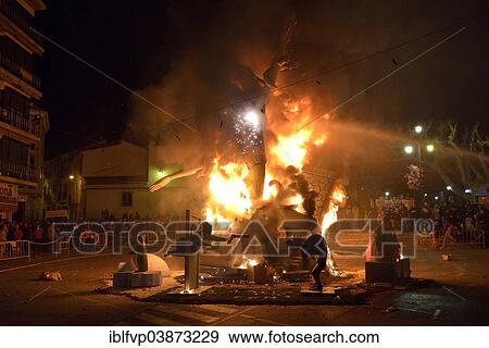 "A burning Falla, a papier-mache figure, at the Falles or Fallas spring festival, Pego, Province of Alicante, Spain, Europe" View Large Photo Image Stock Photo - "A burning Falla, a papier-mache figure, at the Falles or Fallas spring festival, Pego, Province of Alicante, Spain, Europe". Fotosearch