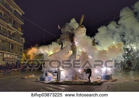 "A burning Falla, a papier-mache figure, at the Falles or Fallas spring festival, Pego, Province of Alicante, Spain, Europe" View Large Photo Image Stock Photography - "A burning Falla, a papier-mache figure, at the Falles or Fallas spring festival, Pego, Province of Alicante, Spain, Europe". Fotosearch