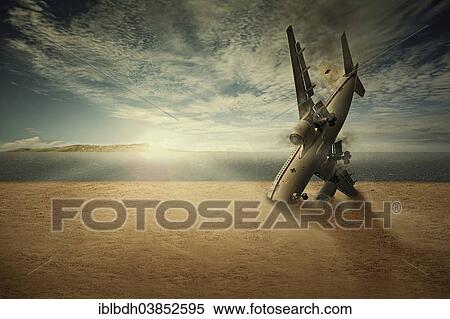 A crashed plane with the nose stuck in the sand on a beach View Large Photo Image Stock Photography - A crashed plane with the nose stuck in the sand on a beach. Fotosearch
