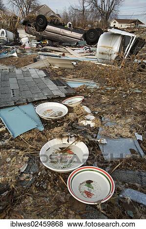 "A few dishes survive among the debris from destruction of a seaside community by Hurricane Sandy, Union Beach, New Jersey, United States, North America" View Large Photo Image Stock Photo - "A few dishes survive among the debris from destruction of a seaside community by Hurricane Sandy, Union Beach, New Jersey, United States, North America". Fotosearch