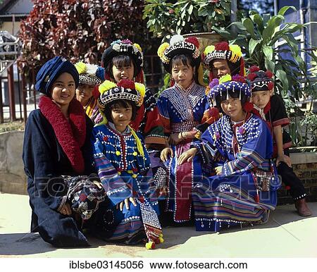 "A group of children from the Lisu hill tribe wearing traditional costumes and headdresses, Mae Sai, Chiang Rai Province, Northern Thailand, Thailand, Asia" View Large Photo Image Stock Photograph - "A group of children from the Lisu hill tribe wearing traditional costumes and headdresses, Mae Sai, Chiang Rai Province, Northern Thailand, Thailand, Asia". Fotosearch