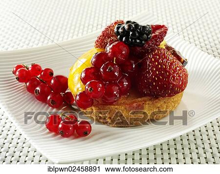 Stock Image - "A modern fruit cake with redcurrants, wild strawberries, blackberry and creme patisserie in a light sponge case". Fotosearch