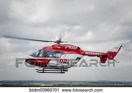 Stock Image - "A rescue helicopter of the DRF air rescue, Dortmund, North Rhine-Westphalia, Germany, Europe". Fotosearch
