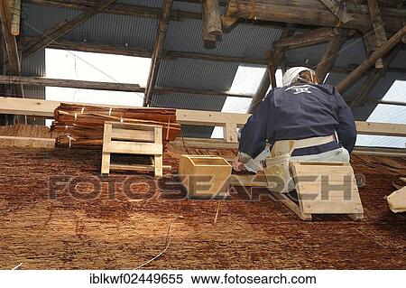 "A roofer with a hard hat is nailing cypress bark to the roof of the Kamigamo Shrine, protected by a protective roof, Kamigamo Shrine, Kyoto, Japan, East Asia, Asia" View Large Photo Image Stock Photography - "A roofer with a hard hat is nailing cypress bark to the roof of the Kamigamo Shrine, protected by a protective roof, Kamigamo Shrine, Kyoto, Japan, East Asia, Asia". Fotosearch
