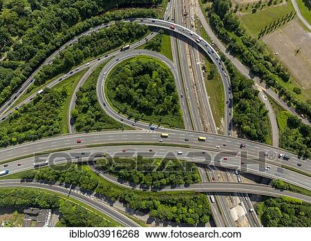 Stock Photo - "A59 and A42 motorway junction, Duisburg-Nord, aerial view, Duisburg, Ruhr district, North Rhine-Westphalia, Germany, Europe". Fotosearch