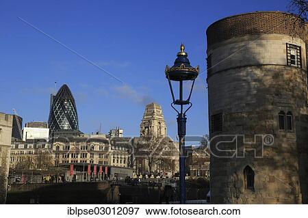 Stock Photo - "Abbey Business Centre, The Gherkin, designed by Norman Foster, Port of London Authority Building, viewed from the Tower of London, City of London, London, London region, England, United Kingdom, Europe". Fotosearch