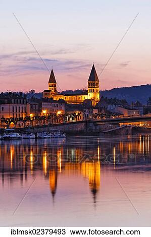 Stock Image - "Abbey Church of St. Philibert and Saone river, Tournus, Departement Saone-et-Loire, France, Europe". Fotosearch