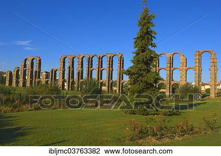 Stock Image - "Acueducto de los Milagros, Roman aqueduct, UNESCO World Heritage site, Emerita Augusta, Merida, Extremadura, Spain, Europe". Fotosearch