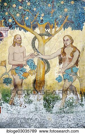"Adam and Eve in Paradise"""", Baroque wall painting on a building, Ortskern von Ardez | Centre of Ardez, Unterengadin, Engadin, Canton of Graubunden, Switzerland, Europe" View Large Photo Image Stock Photo - "Adam and Eve in Paradise"""", Baroque wall painting on a building, Ortskern von Ardez | Centre of Ardez, Unterengadin, Engadin, Canton of Graubunden, Switzerland, Europe". Fotosearch