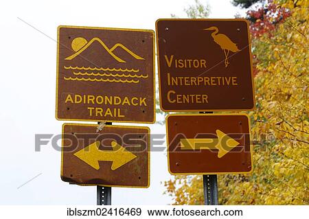 Stock Photo - Adirondack Trail, sign in Upstate New York, USA. Fotosearch