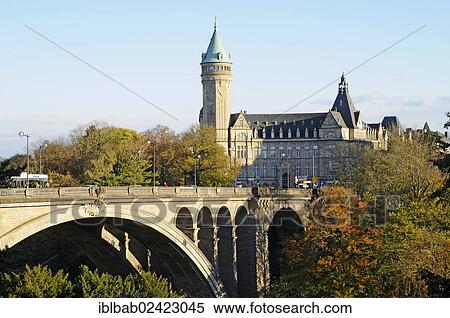 Stock Photography - Adolphe Bridge, building of the Staatssparkasse, State Savings Bank, Luxembourg, Europe, PublicGround, Europe. Fotosearch