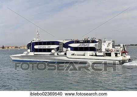 Stock Image - "Adriatic Jet, high-speed ship from Croatia, 43m long, built in 2002, arriving in Venice, Veneto, Italy, Europe". Fotosearch
