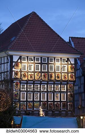 "Advent calendar on the facade of the old town hall in the old town at dusk, Hattingen, Ruhr district, North Rhine-Westphalia, Germany, Europe" View Large Photo Image Stock Image - "Advent calendar on the facade of the old town hall in the old town at dusk, Hattingen, Ruhr district, North Rhine-Westphalia, Germany, Europe". Fotosearch