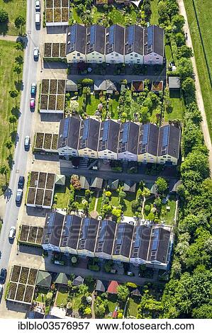 Stock Photo - "Aerial photo, """"Sonnenhof"""" solar settlement, photovoltaic systems, Gelsenkirchen-Mitte, Gelsenkirchen, North Rhine-Westphalia, Germany, Europe". Fotosearch