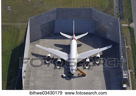 Stock Photo - "Aerial view, Airbus A380 in the engine noise control hall, Finkenwerder, Hamburg, Hamburg, Germany, Europe". Fotosearch
