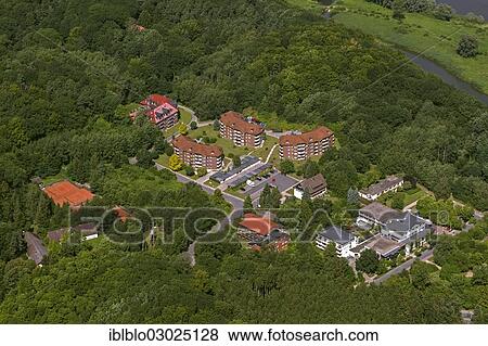 Stock Photo - "Aerial view, apartments for senior citizens on the Elbe River hills, Hitzacker, Landkreis Luchow-Dannenberg, Lower Saxony, Germany, Europe". Fotosearch