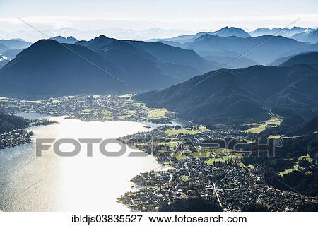 Stock Photo - "Aerial view, Bad Wiessee and Rottach-Egern, Tegernsee and Alps, Upper Bavaria, Bavaria, Germany, Europe". Fotosearch