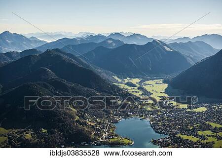 Stock Photo - "Aerial view, Bad Wiessee and Rottach-Egern, Tegernsee and Alps, Upper Bavaria, Bavaria, Germany, Europe". Fotosearch