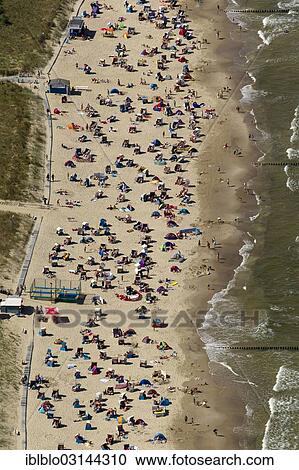 Stock Image - "Aerial view, bathing beach, Baltic Sea Spa Zinnowitz, Usedom, Mecklenburg-Western Pomerania, Germany, Europe". Fotosearch