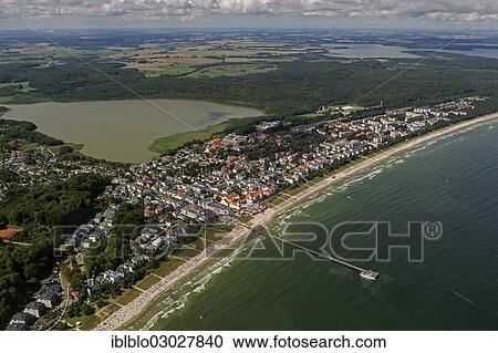 Stock Image - "Aerial view, beach in Binz on the island of Ruegen, Ostseebad, Binz, Mecklenburg-Western Pomerania, Germany, Europe". Fotosearch