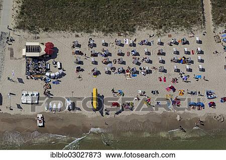 Stock Image - "Aerial view, beach in Binz on the island of Ruegen, Ostseebad, Binz, Mecklenburg-Western Pomerania, Germany, Europe". Fotosearch
