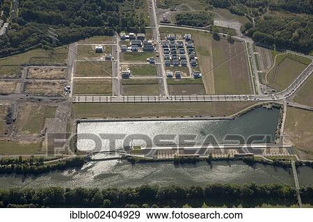 Stock Photo - "Aerial view, Bismarck area, Stadtquartier am Wasser development area, Karl-Arnold-Weg street, Gelsenkirchen, Ruhr area, North Rhine-Westphalia, Germany, Europe". Fotosearch