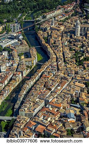 Stock Photograph - "Aerial view, Call, Jewish quarter on the river Onyar, Girona, Catalonia, Spain, Europe". Fotosearch