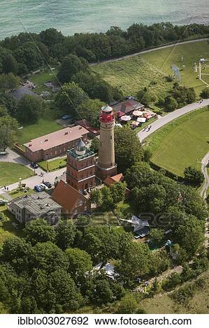 Stock Image - "Aerial view, Cape Arkona, Lighthouse, Schinkelturm, Wittow, on the island of Ruegen, Arkona, Putgarten, Mecklenburg-Western Pomerania, Germany, Europe". Fotosearch