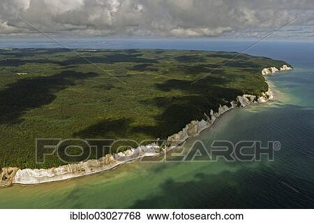Stock Photo - "Aerial view, chalk cliffs, Grosse Stubbenkammer, Kleine Stubbenkammer, Koenigsstuhl, Sassnitz, Nationalpark Jasmund, Mecklenburg-Western Pomerania, Germany, Europe". Fotosearch