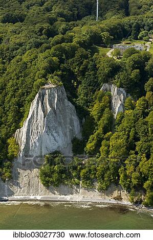 Stock Image - "Aerial view, chalk cliffs, observation deck of Sassnitz on the island of Ruegen, Jasmund National Park, Sassnitz, Rugen, Mecklenburg-Western Pomerania, Germany, Europe". Fotosearch