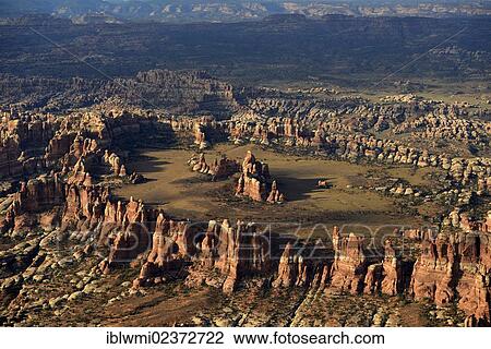Stock Image - "Aerial view, Chesler Park, pinnacles of the Needles District, Canyonlands National Park, Utah, USA". Fotosearch