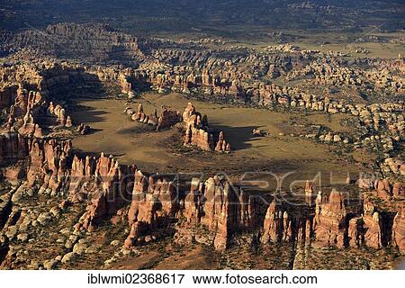 Stock Photo - "Aerial view, Chesler Park, pinnacles in The Needles District, Canyonlands National Park, Utah, United States of America, USA". Fotosearch